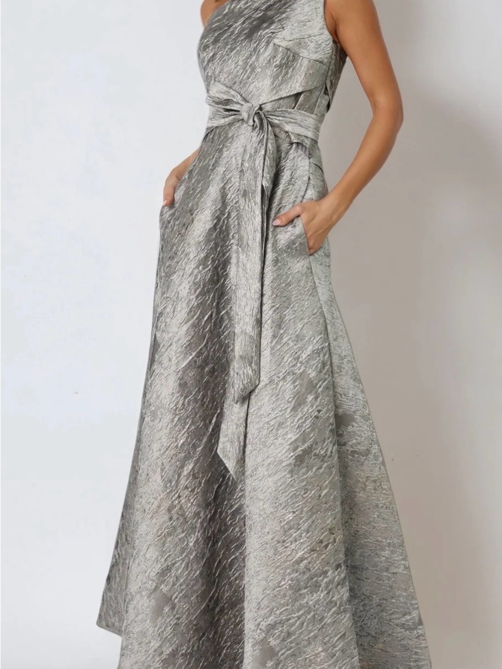 NWT Rene Ruiz One-Shoulder Silver Metallic Evening Gown with Waist Tie - Picture 2 of 7